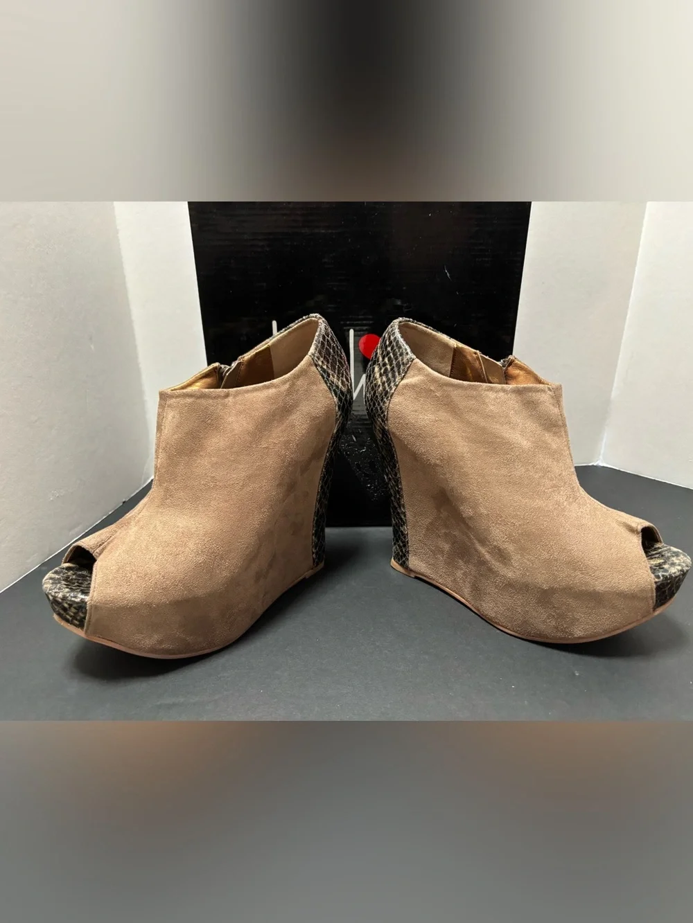 Luichiny Taupe Suede Python Print Peep Toe Platform Wedge Booties Size 8
